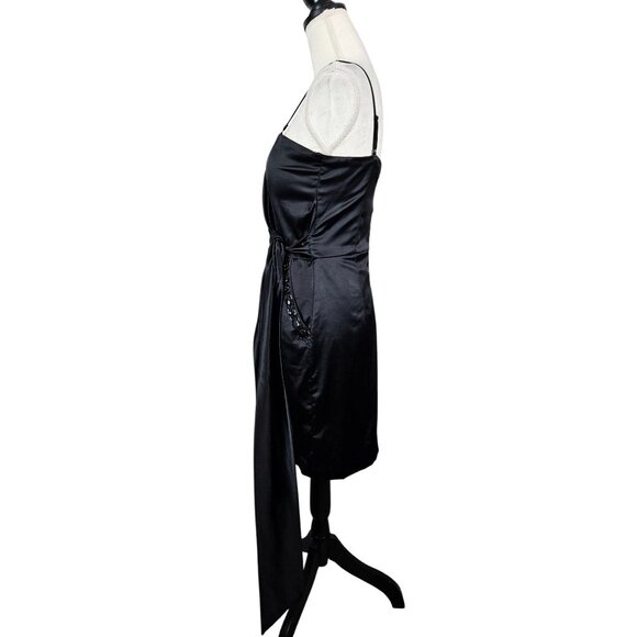 Womens Formal Black Satin Cocktail Dress Bow Detail Beaded Pockets Size L Sexy - Picture 4 of 13